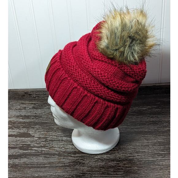 Women's Red Winter Knit Hat with Faux Fur Pom Pom - Picture 3 of 4